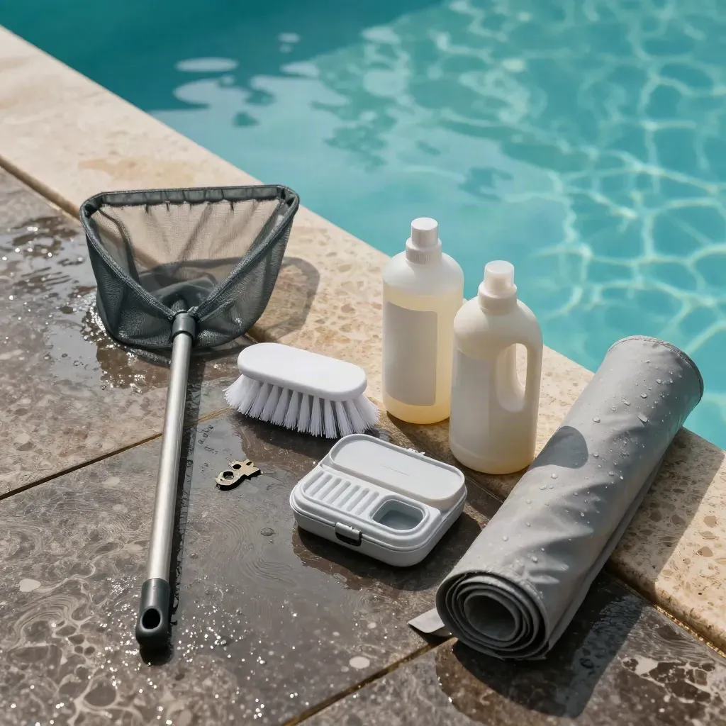 Kit manutenzione estivo per piscina con retino, spazzola, flaconi e telo arrotolato accanto all’acqua.