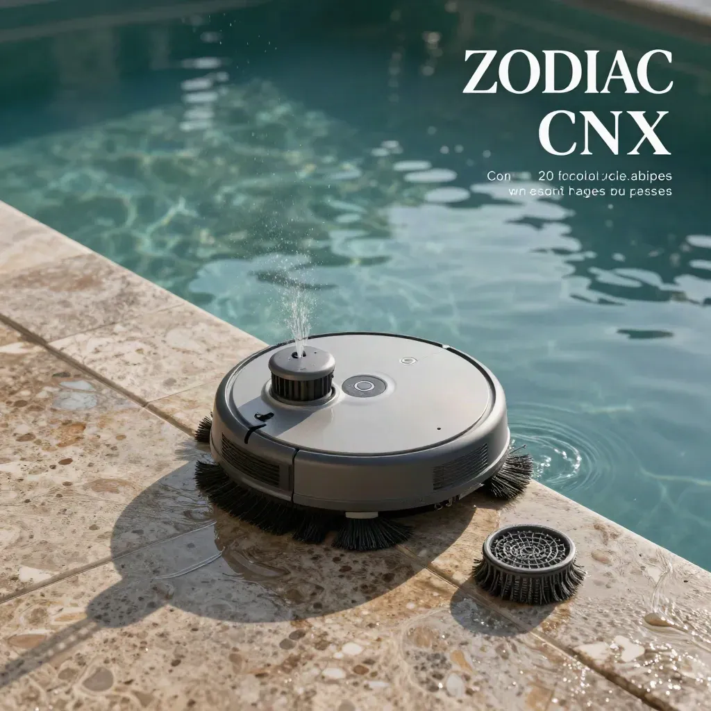 Robot pulitore per piscina su bordo bagnato con cavo e spruzzi, luce morbida