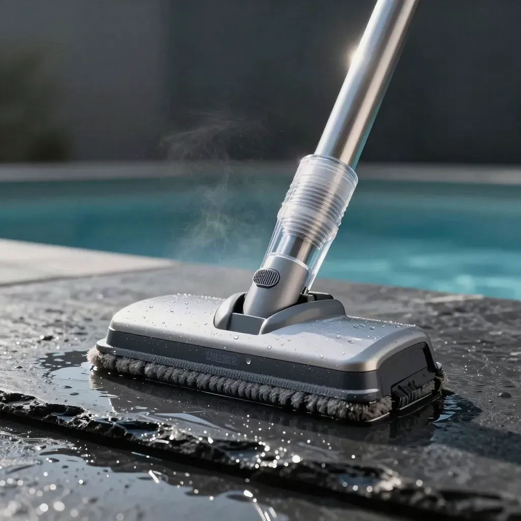 Aspiratore manuale per piscina su lastra bagnata, con gocce e luce drammatica.