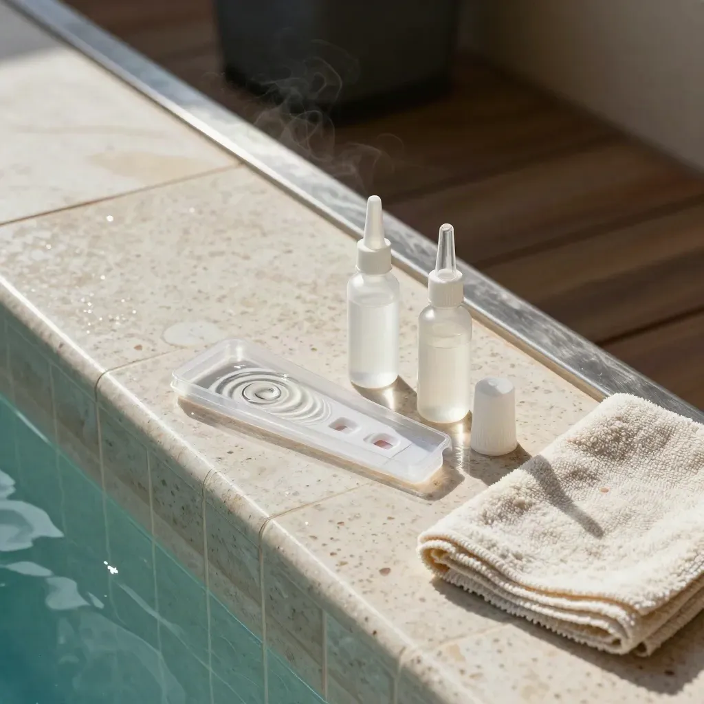 Kit per test pH e cloro con provette e vaschetta trasparente, su piano umido vicino alla piscina