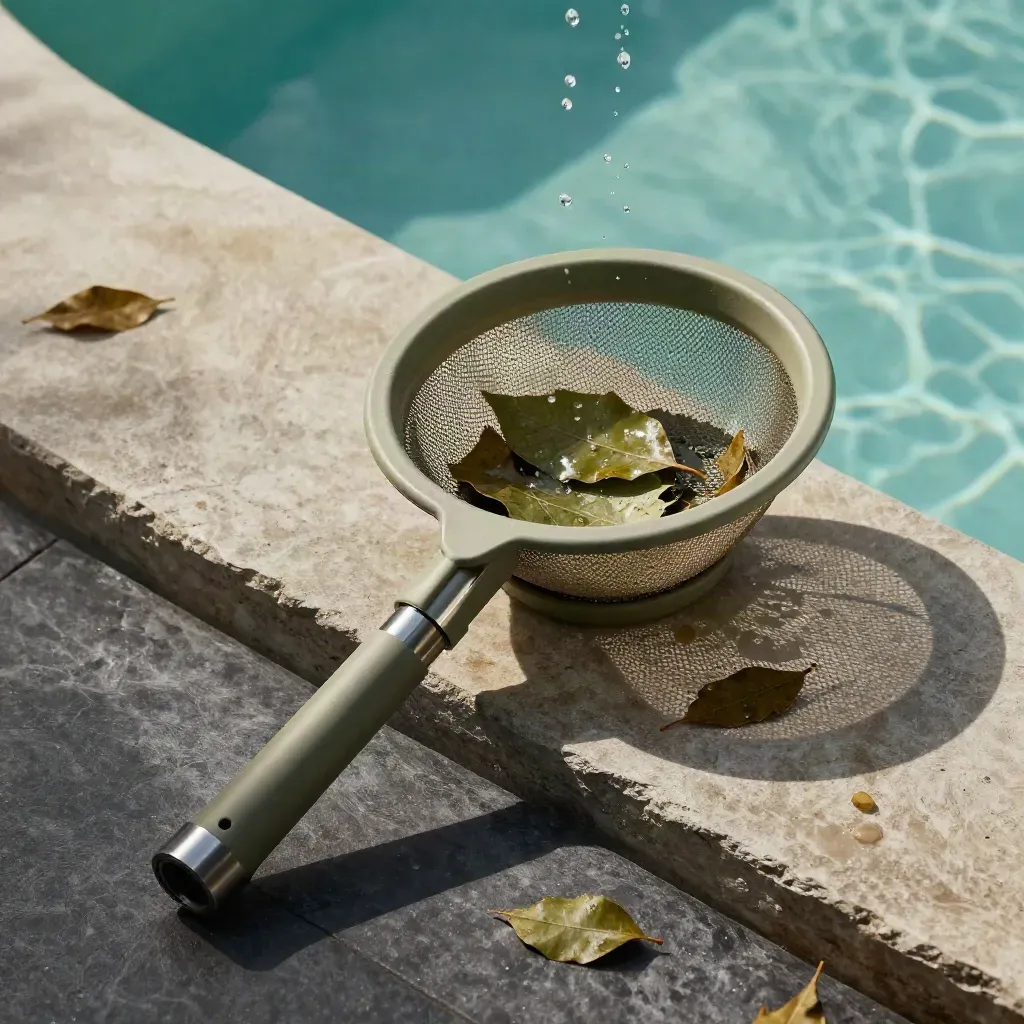 Skimmer a bocca larga con foglie nella rete e spruzzi d’acqua su pietra bagnata.