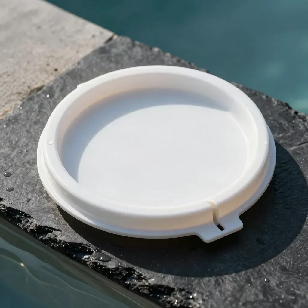 Coperchio skimmer ABS bianco sollevato sul bordo piscina, con gocce e luce fresca.