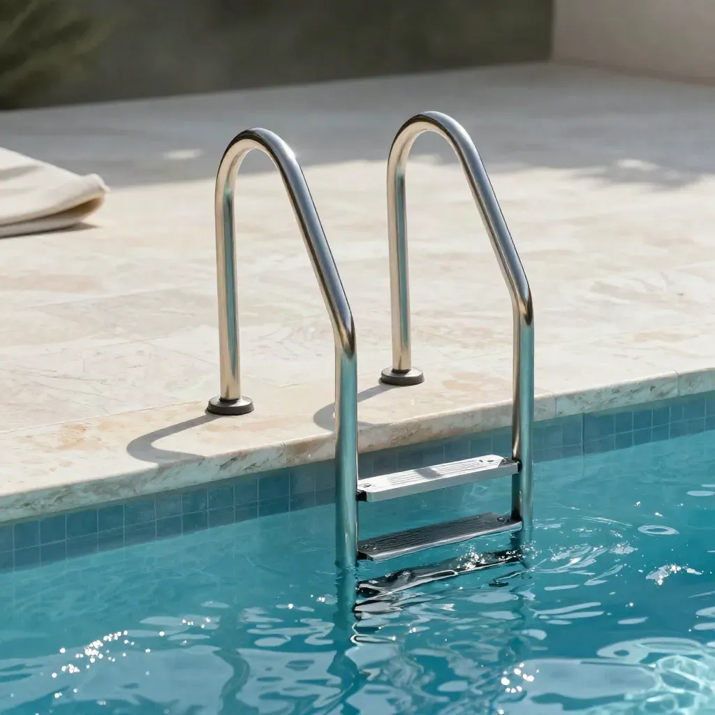 Scala inox a 3 gradini accanto al bordo piscina, con riflessi d’acqua e luce morbida.