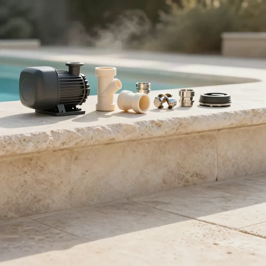 Terrazza in travertino con pompe piscina sfocate in alto e spazio vuoto per il testo.