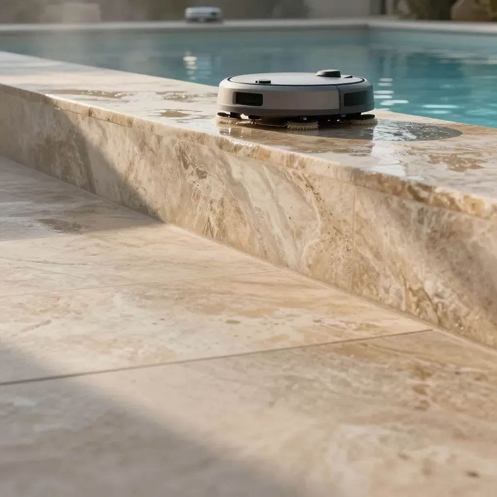 Robot pulitore per piscina su bordo in pietra bagnata, riflessi blu e vapore leggero