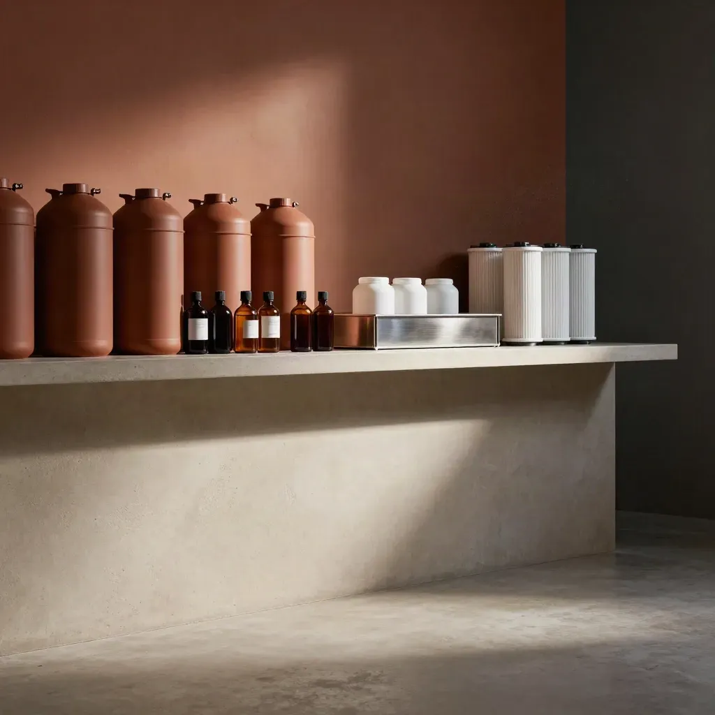 Locale tecnico minimale con contenitori chimici allineati e luce zenitale, spazio calmo per il testo.