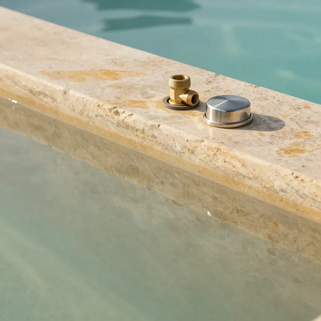 Bordo piscina in pietra calda con piccoli ricambi tecnici e riflessi dorati